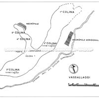 Vassallaggi, planimetria geral da plataforma formada pelas cinco colinas sobre as quais surge a cidade (a partir de Tusa-De Miro 1983).