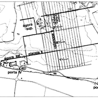 Agrigento, planimetria do setor meridional da cidade (a partir de De Miro 1985-1986, tav. XIX). Em evidência a localidade de San Biagio. Note-se o posicionamento das duas ágoras: inferior e superior.