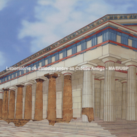 Reconstituição da templo de Héracles. Desenho de Vision S.r.l. sobre fotografia (fotógrafos: Lucas Tamagnini, Corbis, Spazio visivo, Vision S.r.l.).