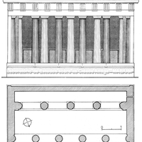 Santuário de Apolo. Fachada e planta da fonte dórica. (Stucchi 1975)