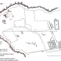 Planta do santuário de Hera Lacínia mostrando as várias estruturas desde o século V até época helenística.