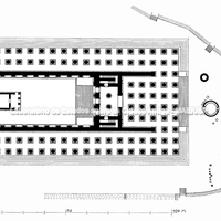 O templo de Apolo (Didimaion). Plano, na frente da fachada, altar circular e muro de sustentação arcaico. (H. Knackfuss) 