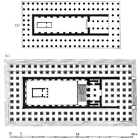 Plano dos templo jônicos colossais: (b) templo arcaico (550 a.C.) e (c) templo helenístico (300 a.C. e mais tarde) de Apolo em Dídima.