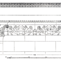 O templo de Apolo (Didymaion). Capitéis das pilastras, friso e entalhamento no ádito.  (H. Knackfuss)
