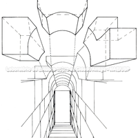 Templo de Apolo em Dídima (300 a.C. e mais tarde): inclinação da abóboda do cano em cima da rampa do pátio do altar; vista em perspectiva, em parte explorada para mostrar os blocos da abóboda.