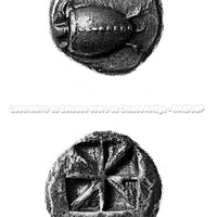 Estater de Egina, ou ‘tartaruga’. Moeda de prata, séc. VI a.C. Anverso, tartaruga; reverso, quadrado incuso.