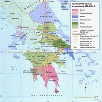 Mapa mostrando as campanhas de Tebas e Esparta entre 382 e 362 a.C. (Swanston Publishing)