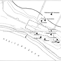 Planimetria geral de Gela com a localização das áreas sagradas: urbana, suburbana e extraurbana (Orlandini).