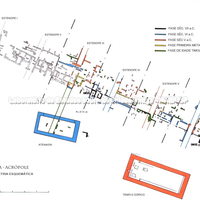 Planimetria de quarteirão habitacional situado na acrópole, com destaque para malha urbana e localização dos templos Athenaion e Dórico ( Fiorentini). 
