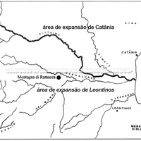 Área de expansão calcídica. Em evidência o sítio de Montagna di Ramacca (a partir de Procelli 1989, p. 681, fig. 1, com modificações).