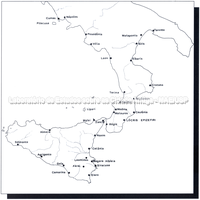 Mapa da colonização grega na Itália meridional. Elaboração gráfica de A. Canale.