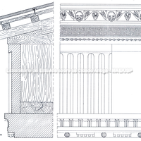 Templo da Casa Marafioti. Fig. 230. Reconstituição gráfica de parapeito e frígio com pentaglifo em calcário, geison e sima em terracota; corte e planta alta (a partir de Gullini).