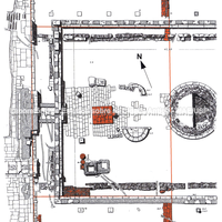 Reconstrução da metade oeste do Delfinion com restos do santuário arcaico e do final do clássico (destacado em vermelho). Escala 1:300. Desenho a partir de G. Kawerau.