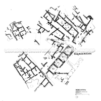 Morgantina, Área III, plano do planalto superior, assentamento arcaico incluíndo “Four Room Building” (Edifício de quatro comôdos) e “Trench 16 W” (trincheira 16 W) desenho de W.Hendrix e M. Pinsley.