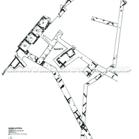 Morgantina, Área III, plano do planalto superior, assentamento arcaico incluíndo “Saggio C” (trincheira teste) desenho de W.Hendrix e M. Pinsley).