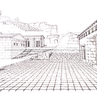 Platéia A que conduz ao bairro residencial ocidental. Desenho reconstitutivo mostrando à esquerda a Fonte monumental. Pôster no sítio.
