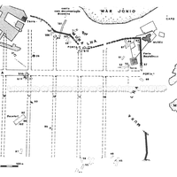Naxos. Planta da área oriental, com o esquema viário da idade clássica e sondagens com materiais do séc. VIII-VII a.C.. P. Pelagatti, ASAAtene 1981.