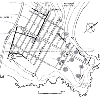 Naxos. Disposição da cidade durante o séc. VI a.C., com referências para a disposição arcaica (de acordo com Pelagatti 1981, fig. 3).