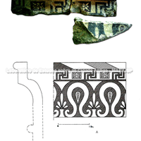  Foto e desenho da sima frontal (17) com ornamentação de folha com louros (fim do séc. VI início V a.C.)