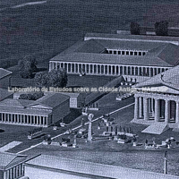 Reconstituição da vista da porção centro-oeste do santuário com templo de Zeus, oficina de Fídias, buleutério, Leonidáion.
