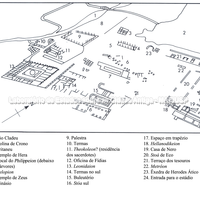 Planta geral do santuário com indicação dos principais edifícios (Desenho de Sarah Lillywhite). 