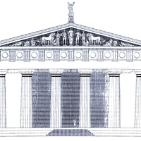Templo de Zeus. Reconstituição da fachada leste (Escala 1/200 - Segundo P. Grunauer).