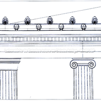 Leonidáion. Reconstituição do entablamento, com capitel campaniforme no ângulo (Segundo K.Herrmann).