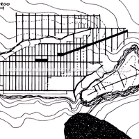 Planta geral de Olinto - Assentamento de malha ortogonal com diversos eixos coordenadores. Neste desenho se vê a extensão da malha ortogonal nas aforas da ásty, na khóra, seguindo o mesmo direcionamento.