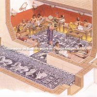 Reconstituição do andrón da Vila da Boa Fortuna, situada na khóra de Olinto, fora dos muros. Tanto a ante-sala quanto o andrón foram decorados com mosaicos em preto e branco. Os detalhes foram adicionados a partir de artefatos escavados e pinturas em vasos.