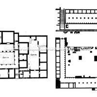 Plantas das duas principais áreas públicas de Priene - o santuário de Atena e a ágora - e de duas casas típicas, na mesma escala. A relação entre as medidas de todas os edifícios, públicos e privados, se encontra na base do desenho geral da cidade.