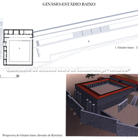 Planta (desenho: Christina Yannou, Maria Mazaraki) e perspectiva do ginásio inferior/estádio (a partir de Krischen).