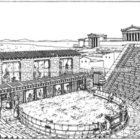 Teatro restaurado. Um dos mais bem preservados  teatros gregos iniciais. Construído na segunda metade do s. IV a.C., exibe duas fases voltando à época helenística e uma renovação final datada do s. II d.C. 