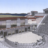 Perspectiva do teatro do período helenístico tardio. Ao fundo templo de Atena Pólias e o vale do rio Meandro (Desenho: Christina Yannou, Maria Mazaraki, a partir de von Gerkan).