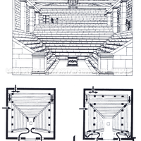  Buleutério situado no lado norte/ leste da ágora. No alto e em baixo à esquerda, reconstituição da fase I (primeira metade do séc II a.C.) e embaixo à direita, planta da fase II onde as colunas foram aproximadas do centro. Segundo F. Krischen e V. Kockel, Vestigia 47, 1995). 