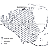 Representação gráfica do território de Quersoneso com destaque para a divisão de lotes, fazendolas e aldeias.