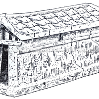 Modelo de templo em terracota encontrado em Medma. Fim do séc VI a.C. - metade do V a.C. 0,47 x 0,24 x 0,295. (É. Lapalus, 1968)