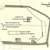 Selinonte: a acrópole - témeno do Templo C - I fase, ca. 650-560 a.C. - linha cheia= percurso existente; linha dupla= percurso certo; linha tracejada= percurso hipotético. (D. Mertens e M. Schützenberger)