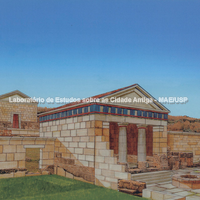 Reconstituição geral do santuário de Deméter Maloforos. Desenho de Vision S.r.l. sobre fotografia (fotógrafos: Lucas Tamagnini, Corbis, Spazio visivo, Vision S.r.l.).