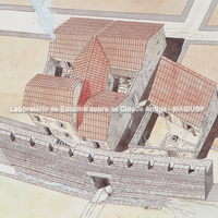 Tasos. Reconstituição do bairro da Porta do Sileno, no final do século IV a.C.  École Française d'Athènes, T. Koselj. Projeto casas.