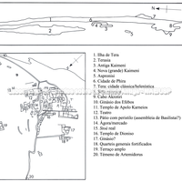 Tera. Plantas gerais das ilhas de Santorini, com indicação dos principais sítios ao longo do território e dos edifícios ao longo do assentamento. Desenho de Sarah Lillywhite. 