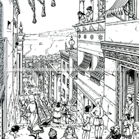 Desenho de J. Martin, realizado em 1986 para o 28° centenário da fundação de Cartago, proposto a partir da disposição dos vestígios encontrados, uma restituição imaginária da rua principal do quarteirão púnico de Byrsa.