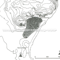 Plano esquemático da Cartago arcaica, limitada a Norte e a Leste, a zona funerária fica ao Sul, o tofet.