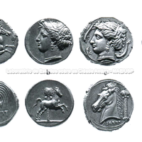 Moedas púnicas:
(a) Cartaginesa, 410 a.C. No anverso, Niké com uma coroa acima de metade de um cavalo. No reverso, representação de uma palmeira.
(b) Cartaginesa, 325 a.C. No anverso, cabeça de Aretusa/Koré. No reverso, cavalo galopando diante de uma palmeira.
(c) Tetradracma Sículo-Púnico, 315 a.C. No anverso, cabeça de Aretusa. No reverso, cabeça de cavalo e palmeira.
(d) Moeda de ouro cartaginesa, 320-310 a.C. Cabeça de uma deusa. No reverso, cavalo de pé.
