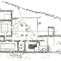 Planta da casa 13 onde se ve a distribuição dos cômodos em torno de um pátio e o revestimento do pavimento de vários cômodos. (por De Vos). 