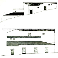 Reconstituição de uma casa em perspectiva, mostrando como a maioria das casas se adaptavam ao terreno inclinado. (por Natoli). 