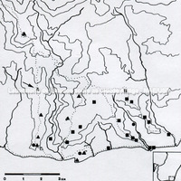 Zona de Halex com presença grega entre o século VI e a metade do século IV a.C.  Círculos pretos: túmulos; quadrados pretos: assentamentos esparsos gregos; triângulos pretos: postos avançados militares. (símbolos vazios: localidades incertas) O Halex era uma zona de expansão e disputa entre Régio e Lócris.
