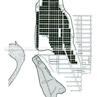Planta de Olinto depois da ampliação do Hipódamo (432 a.C.). A área pontilhada, embaixo, é do núcleo mais antigo (paleópole).

