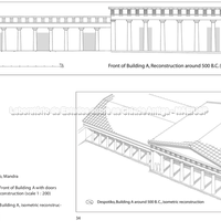 Front of building a with doors and isometric reconstruction of building A