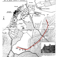 Marcação em vermelho mostra o traçado da antiga fortificação. 